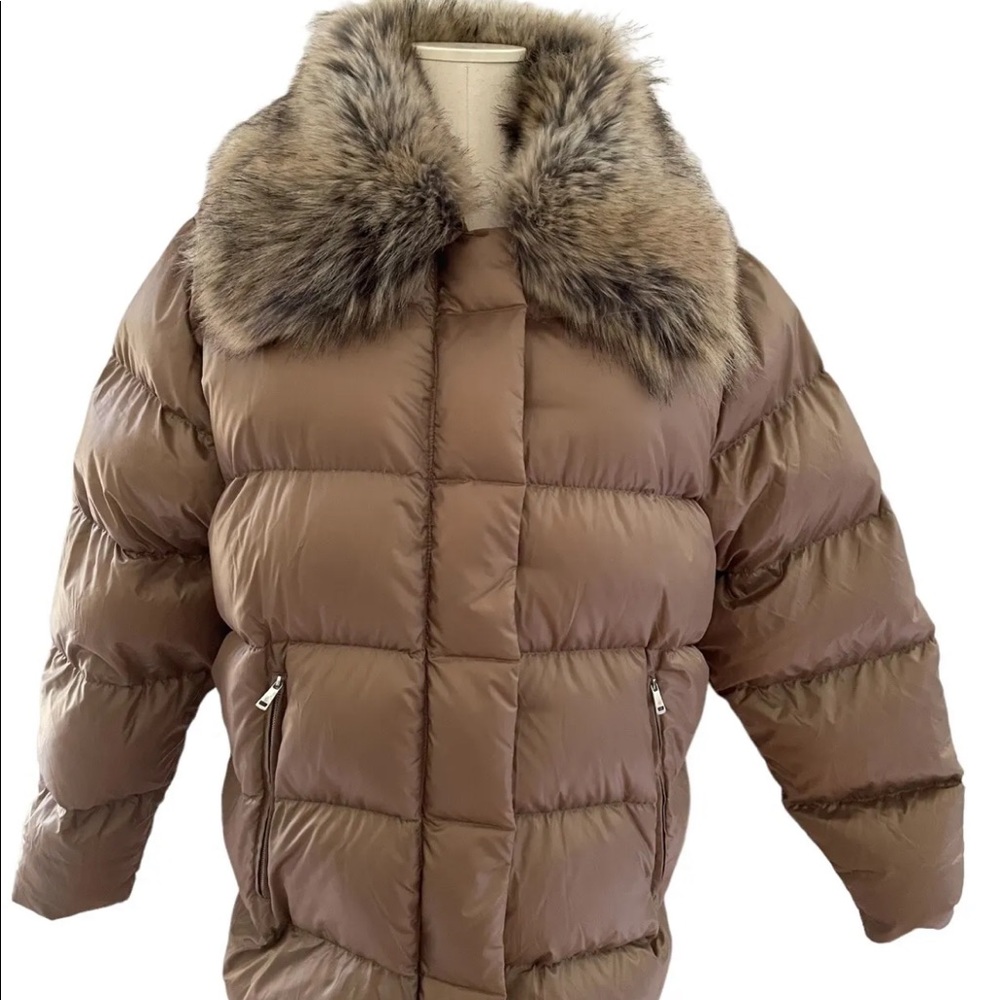 Lauren Ralph Lauren 90 Down Filled Womens Coat Faux-Fur Trim Sz Large Brown